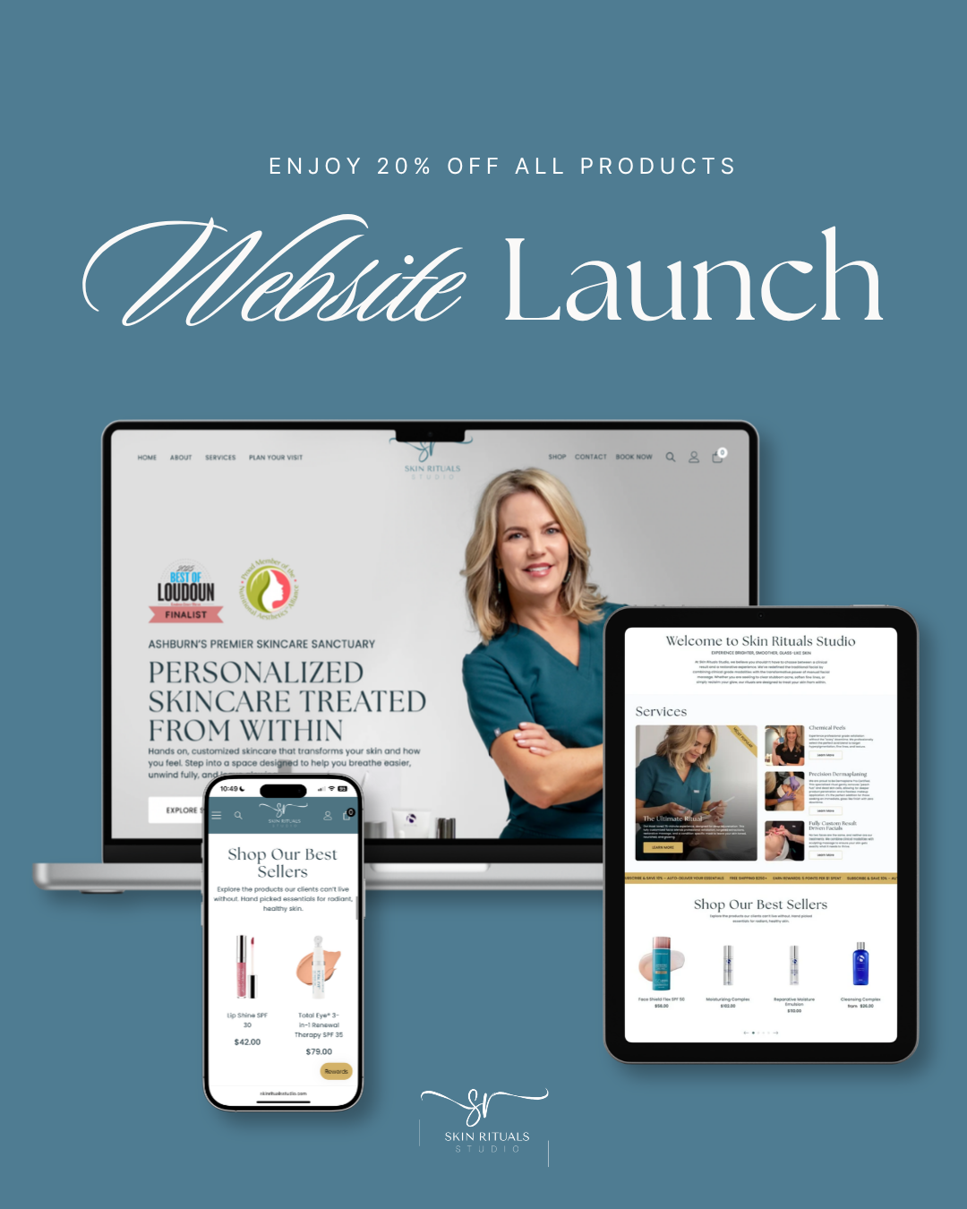 Website launch promo with laptop, tablet, and phone on a blue background, featuring a woman on the laptop screen