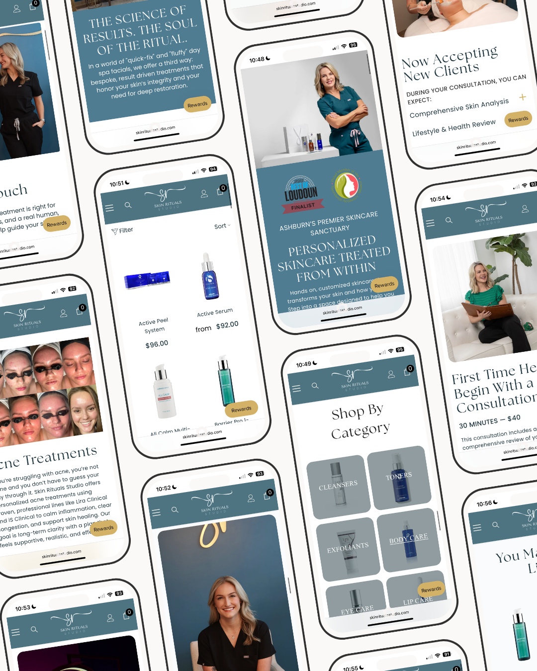 Collage of mobile app screens with teal and white layouts, showing photos, icons, and text blocks.