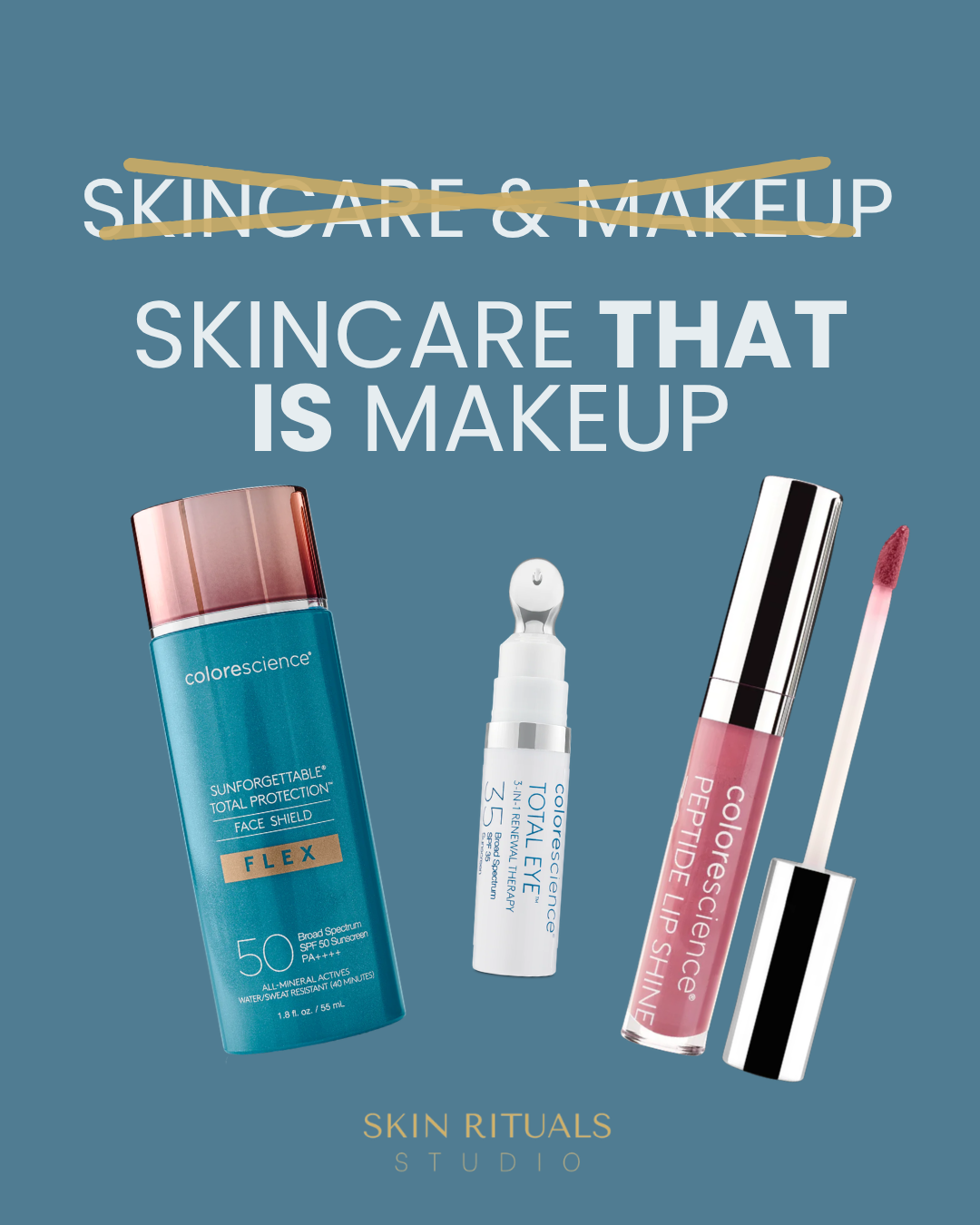 Skincare and makeup promo with teal lotion, white serum, and pink lip gloss on a blue background.