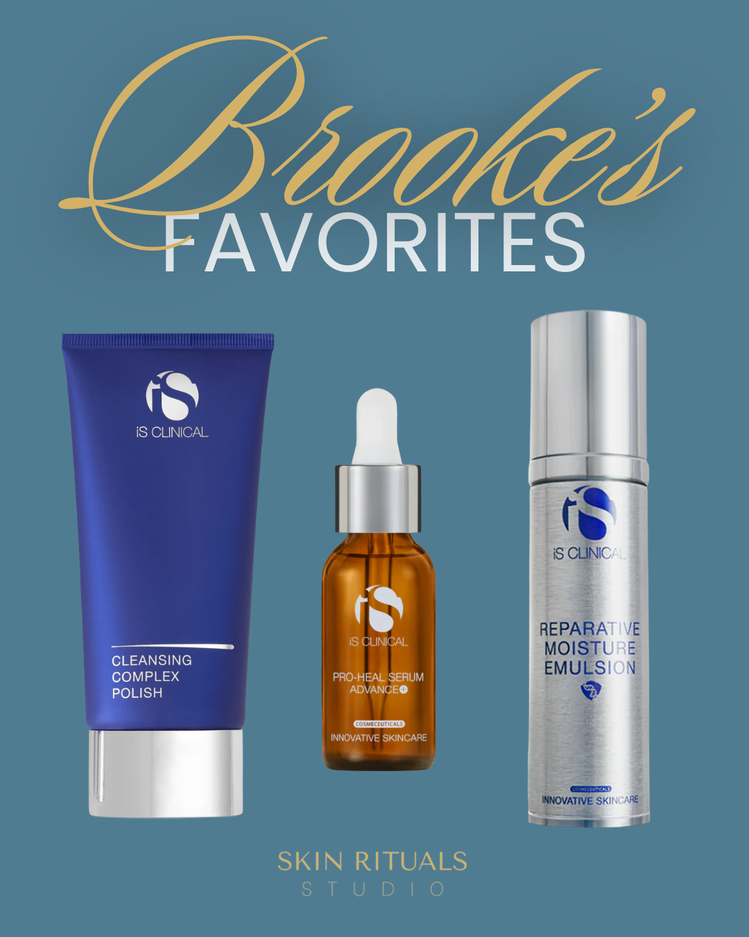 Brooke’s Favorites skincare set with three blue and silver Skin Rituals products on a teal background