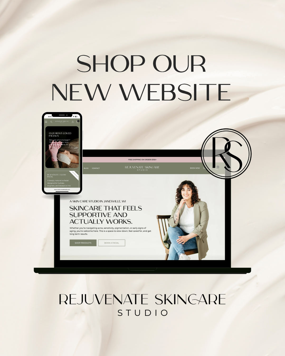 Webpage mockup for Rejuvenate Skincare Studio with “Shop our new website” headline on a beige background