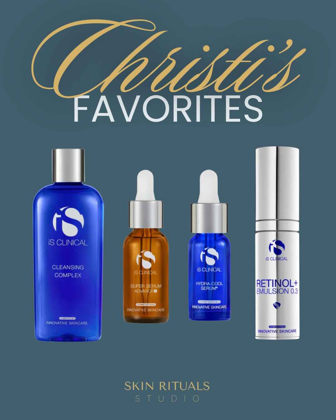 Christi’s Favorites skincare set with four serum bottles on a blue background