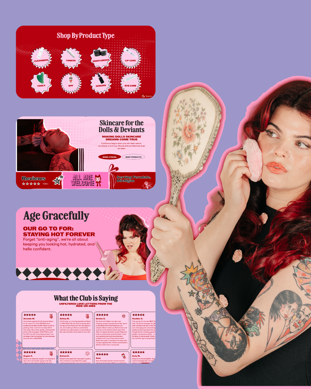 Pink health-and-self-care infographic collage with a tattooed person holding a mirror on a lavender background
