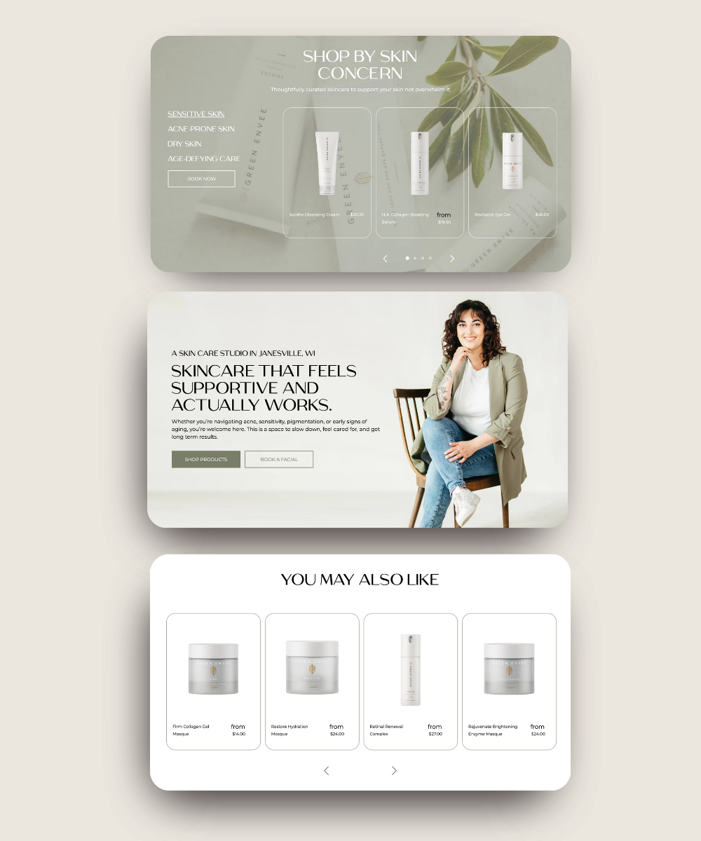 Three stacked skincare website mockups in beige and white, featuring product bottles and a seated model.