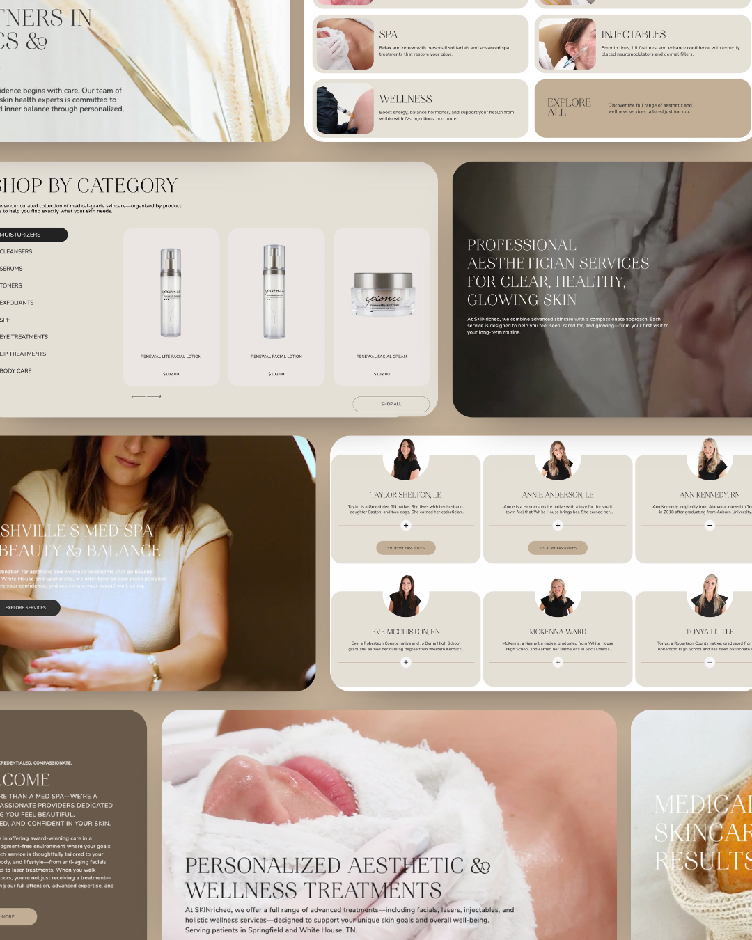 Collage of beige skincare product ads and service cards with lifestyle photos and Japanese text
