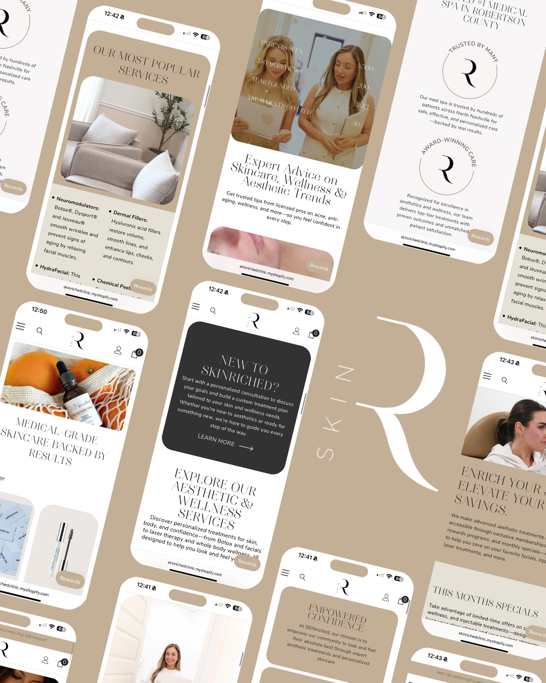 Collage of beige social media story cards with photos, text blocks, and product-style posts on a tan background