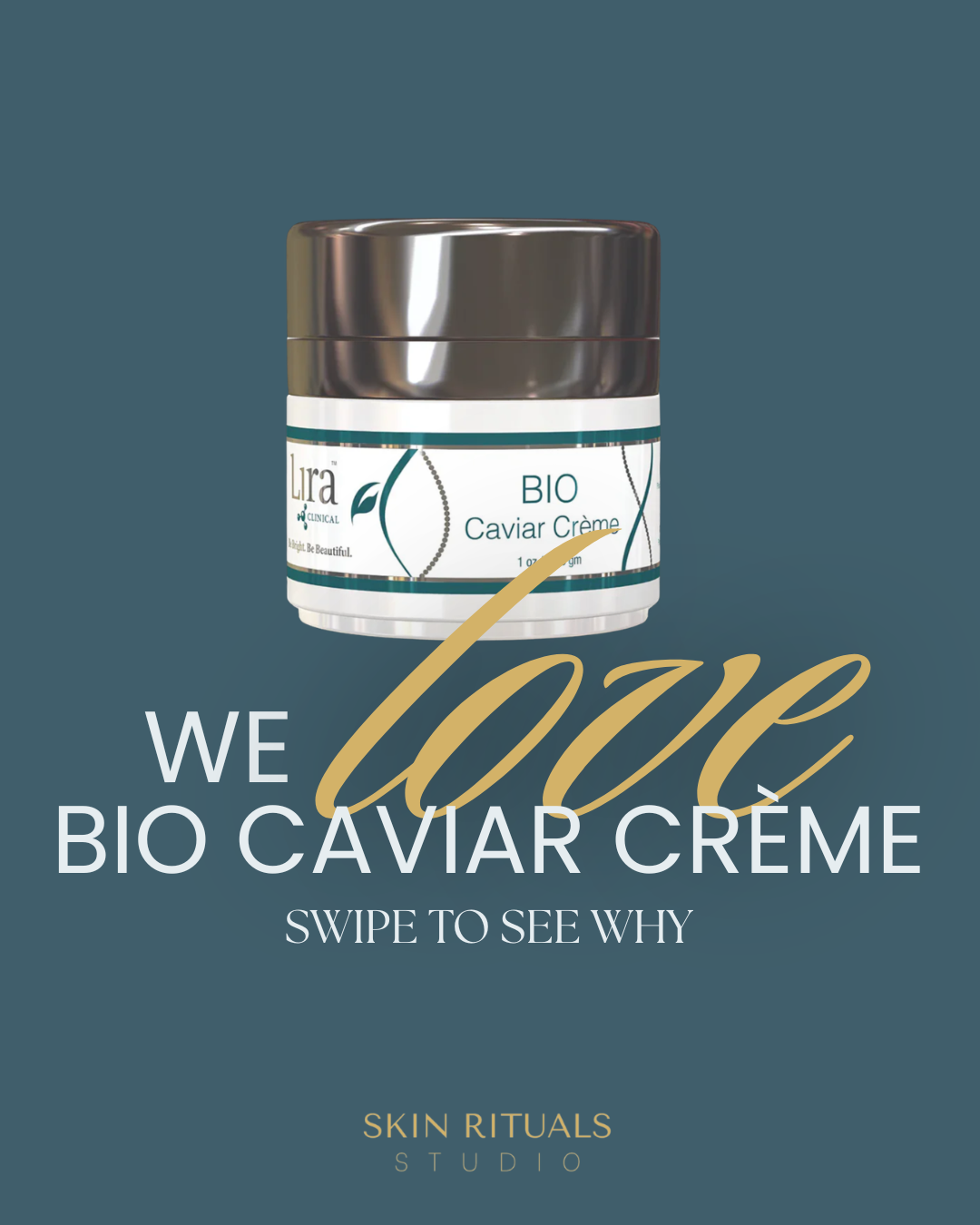 Cosmetic jar on teal background with text “We love BIO Caviar Crème”