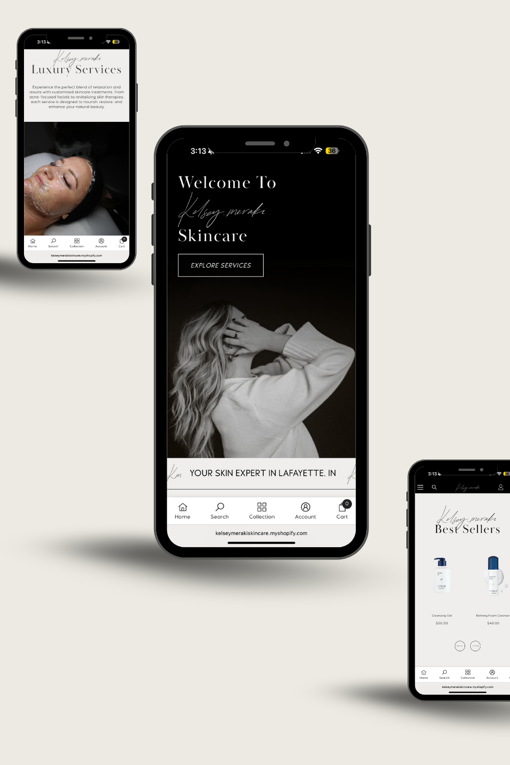 Three smartphone screens showing a minimalist black-and-white app interface on a light background