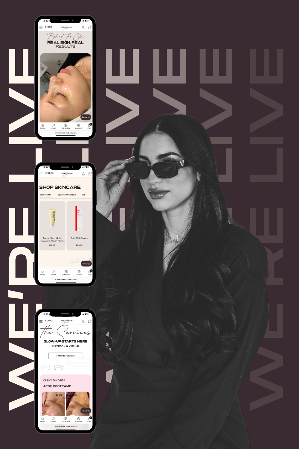 Fashion promo collage with a woman in sunglasses and three smartphone app screens on a dark background