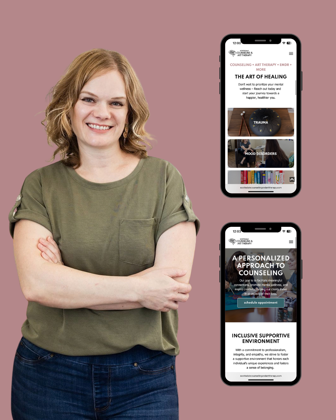 Woman beside two smartphone app screens on a pink background