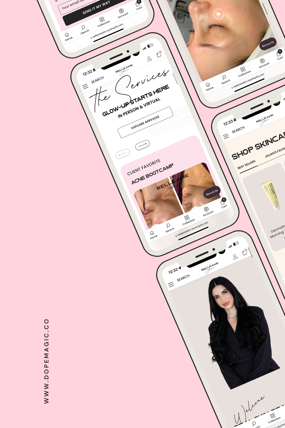 Pink collage of skincare app screens showing product posts, close-up skin photos, and a model portrait