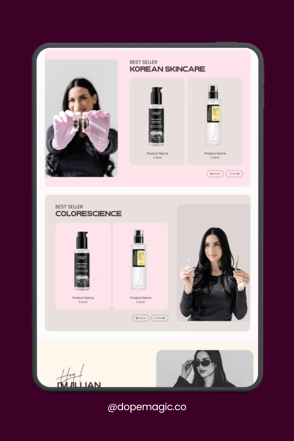 Pink skincare ad featuring two women and product bottles on a soft pink background.