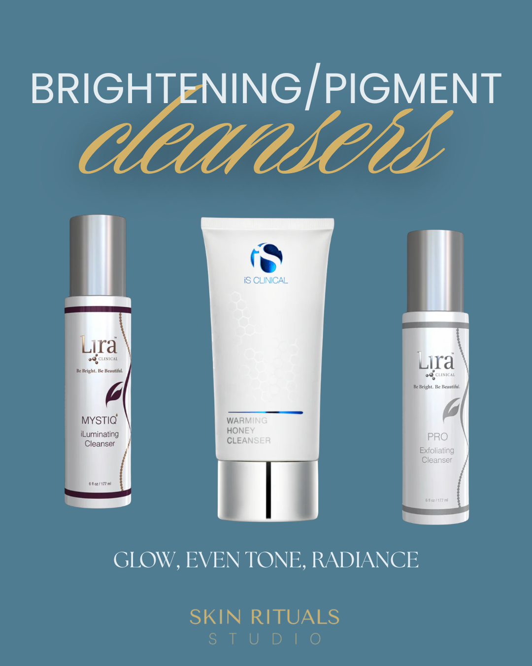 Brightening/pigment cleansers ad with three skincare bottles on a blue background, promoting glow and even tone