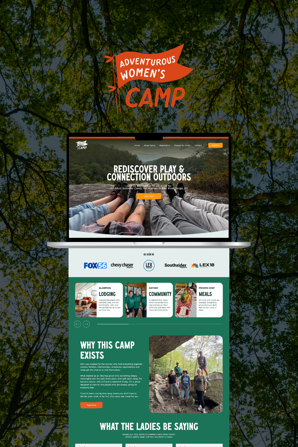 Camp website homepage on a laptop, with a forest background and “Women’s Camp” branding