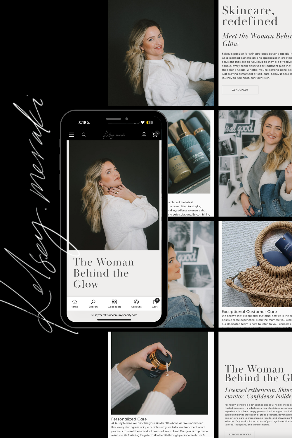 Fashion magazine-style collage with model photos, skincare products, and article snippets on a black background