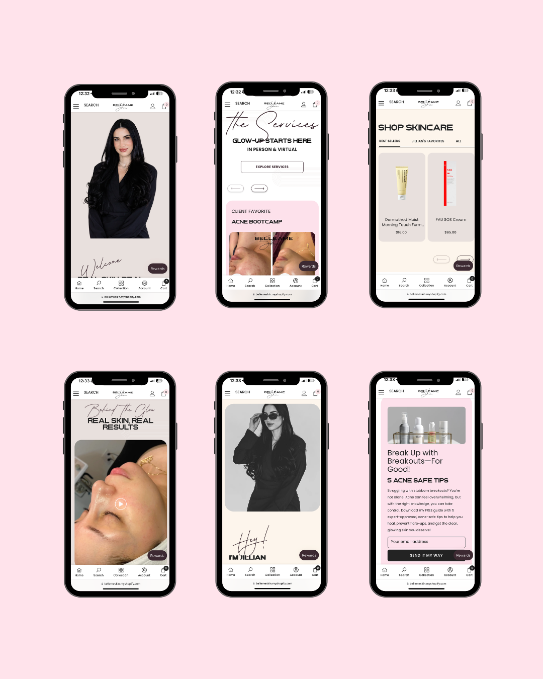 Six smartphone mockups showing a fashion retail app interface on a pink background
