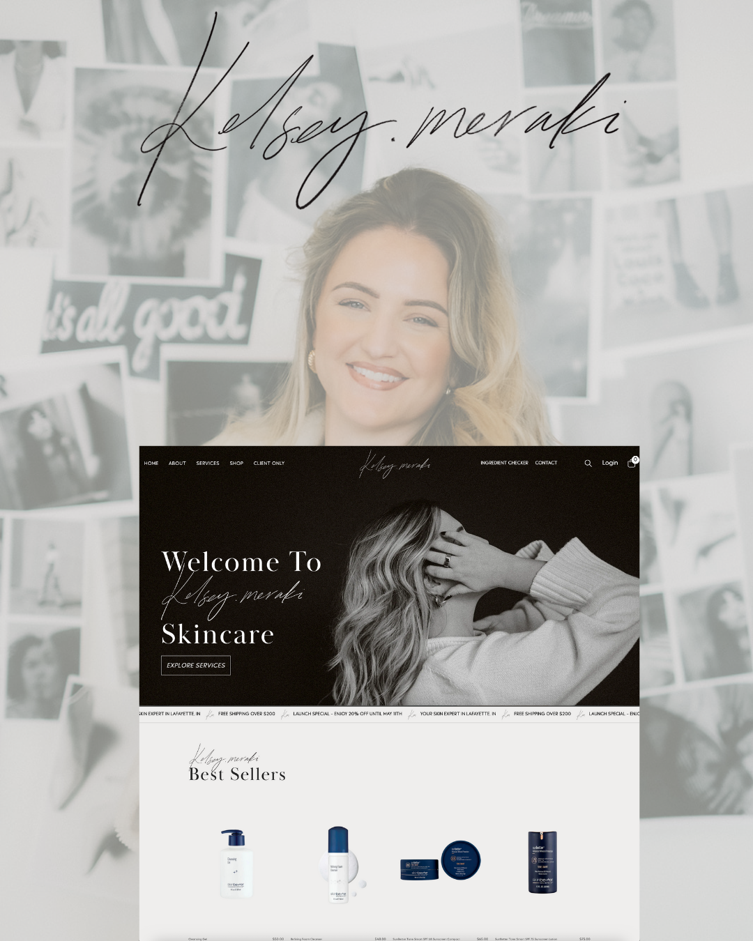 Collage of a skincare website mockup over a faded portrait background with handwritten text at the top