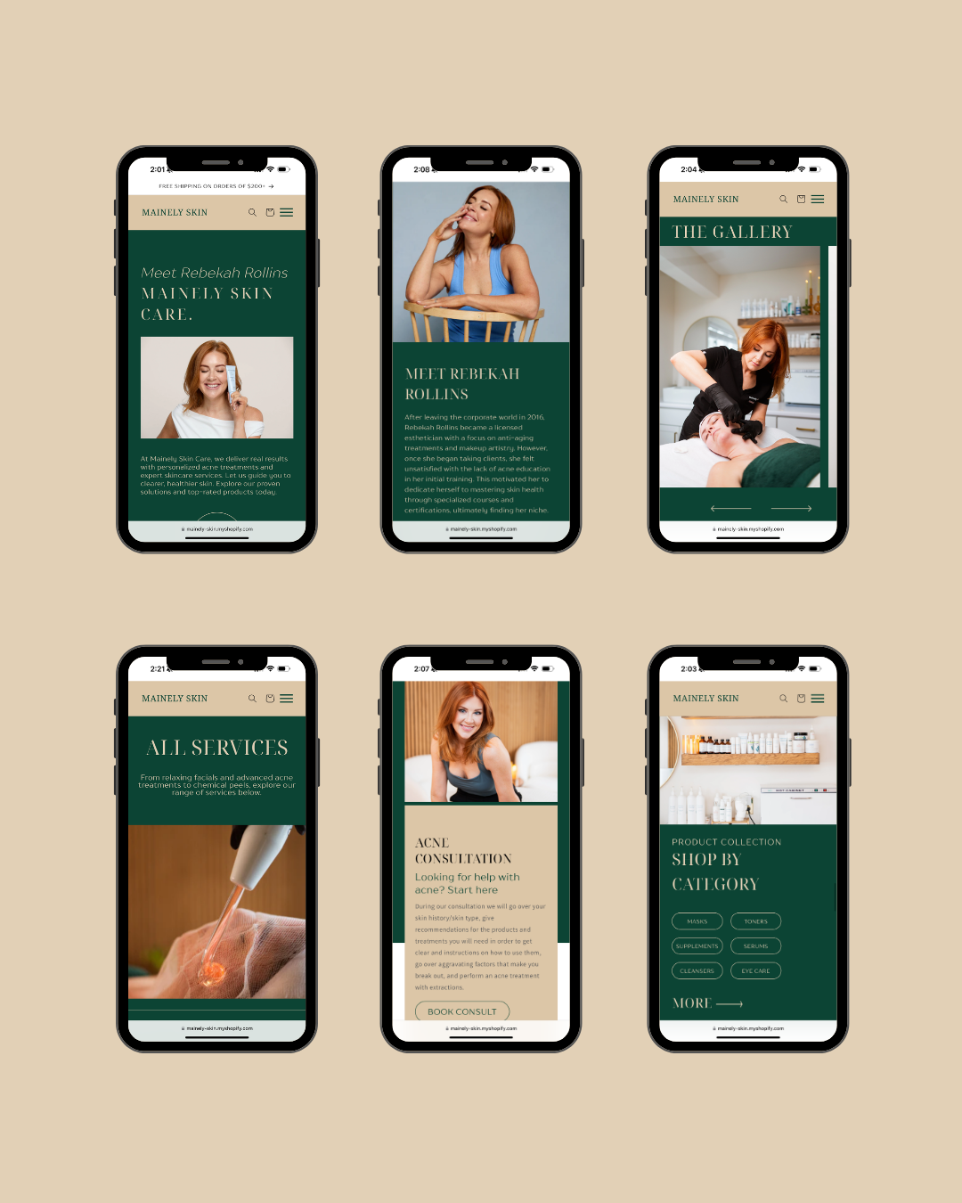 Six smartphone screens showing green-and-cream beauty or wellness app designs with photos and text sections