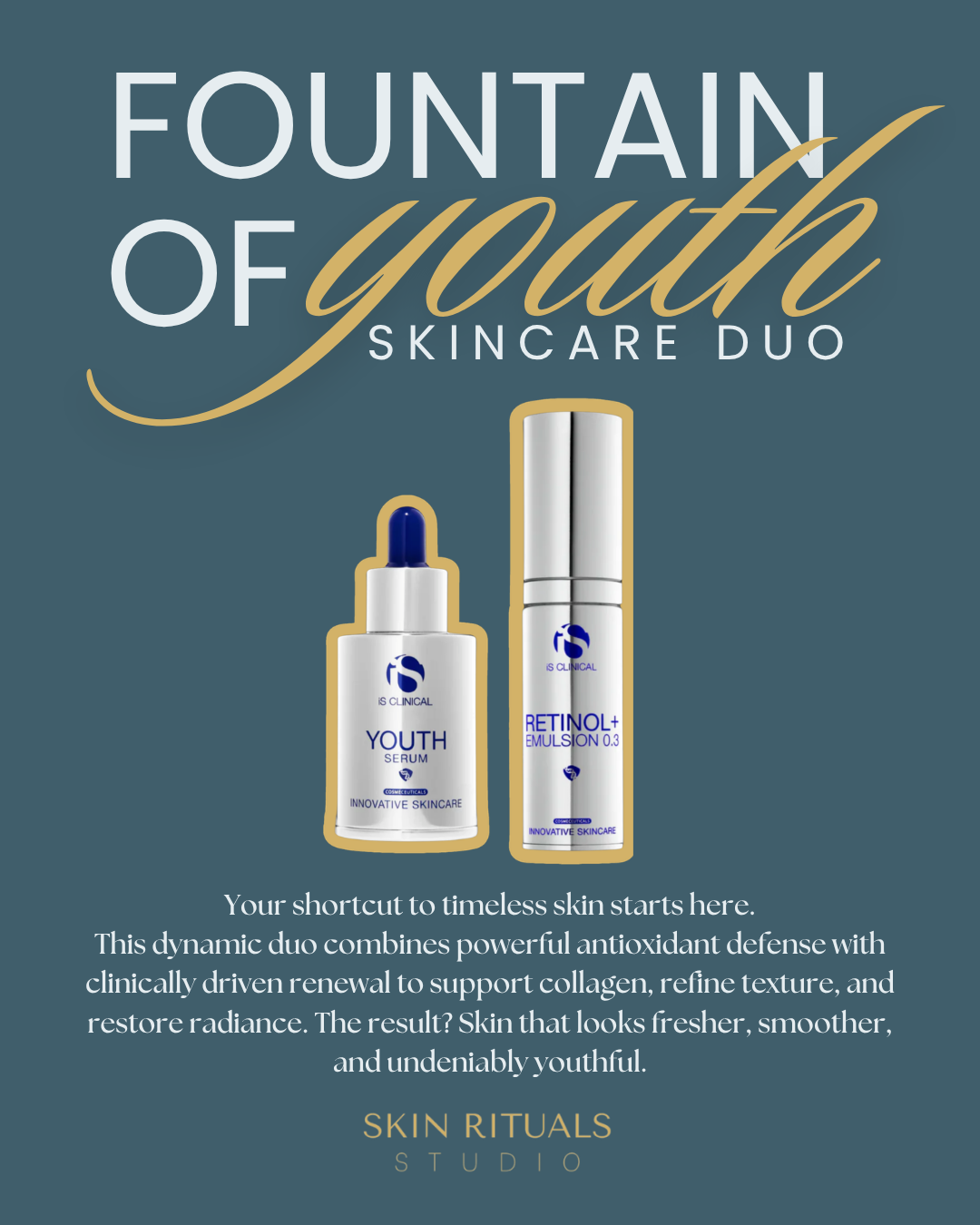 Fountain of Youth skincare duo ad with gold serum bottle and cream tube on blue background