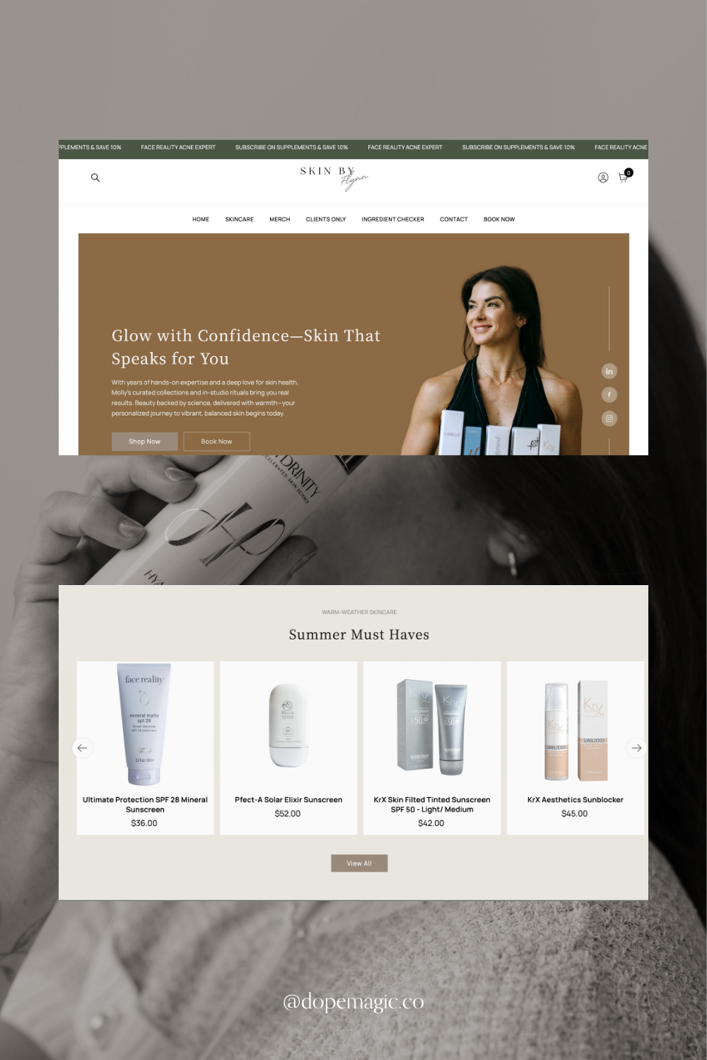 Beauty product website homepage with model banner and product tiles on a beige and white layout