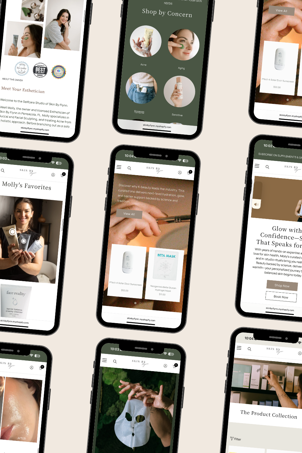 Collage of smartphone screens showing a social media or shopping app with photos, text, and product pages