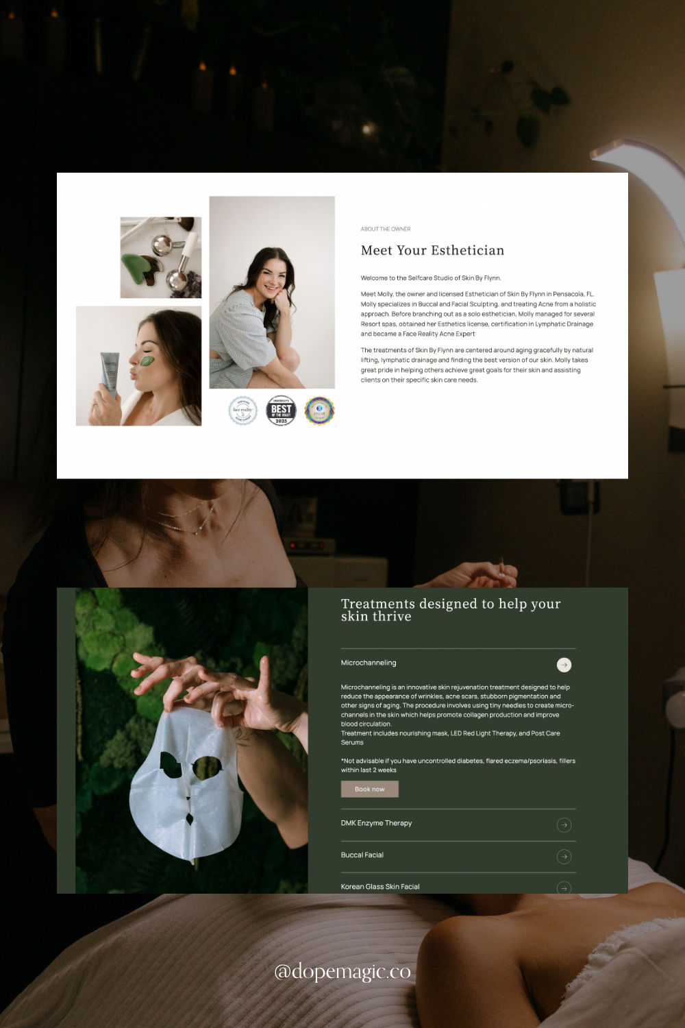 Skincare website mockup with soft neutral and dark green sections, featuring skin care photos and elegant text layout