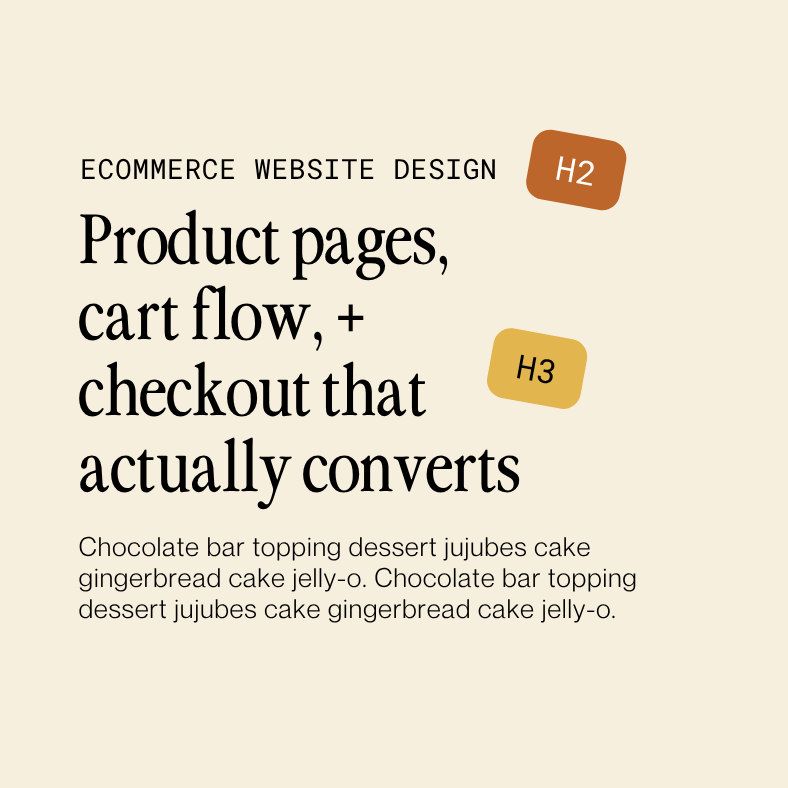 Ecommerce website design mockup with headline text on a beige background and orange H2/H3 labels
