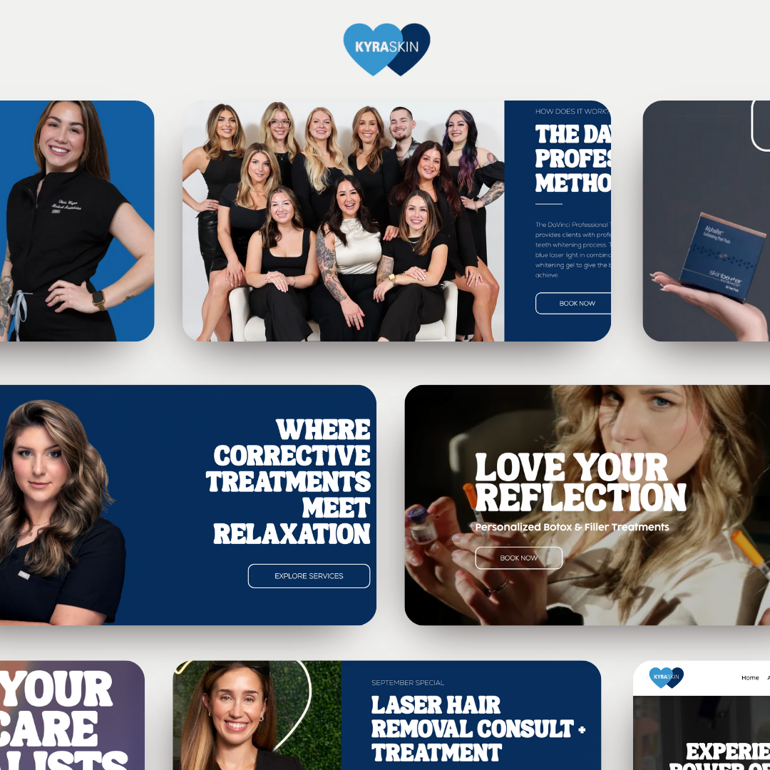 Beauty clinic promo collage with staff portraits, treatment banners, and close-up skincare shots in blue and gold.