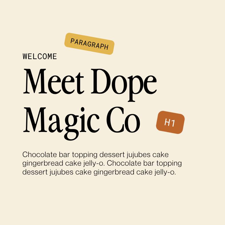 Minimal beige website hero with “Meet Dope Magic Co” headline and small chocolate dessert description