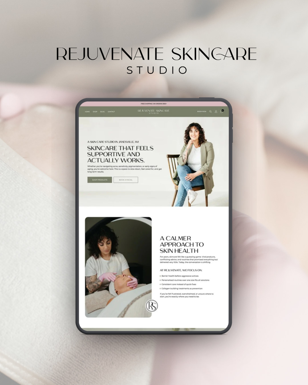 Rejuvenate Skincare Studio website mockup on a tablet over a soft beige background