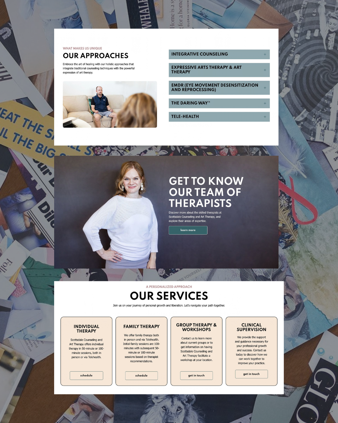 Therapy website mockup with service cards, therapist photo, and “Get to know our team of therapists” banner