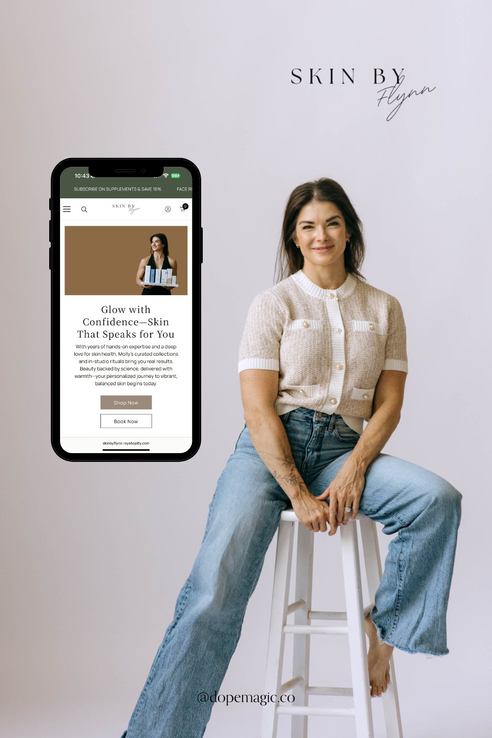 Woman seated on a stool beside a phone displaying a skincare website ad