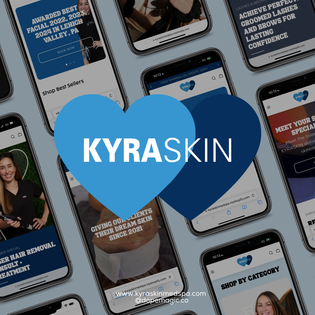 Blue KYRASKIN logo over a collage of smartphone social media posts on a gray background