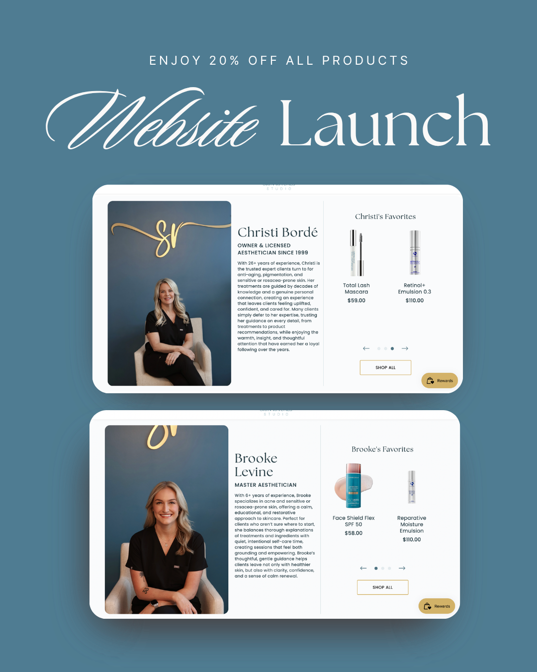 Blue “Website Launch” promo graphic with two product feature panels and a “20% off all products” banner