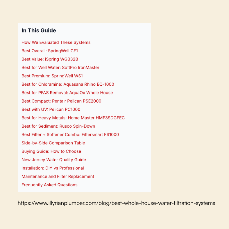 Screenshot of a white webpage listing “In This Guide” house filter system topics in red text with a URL at bottom