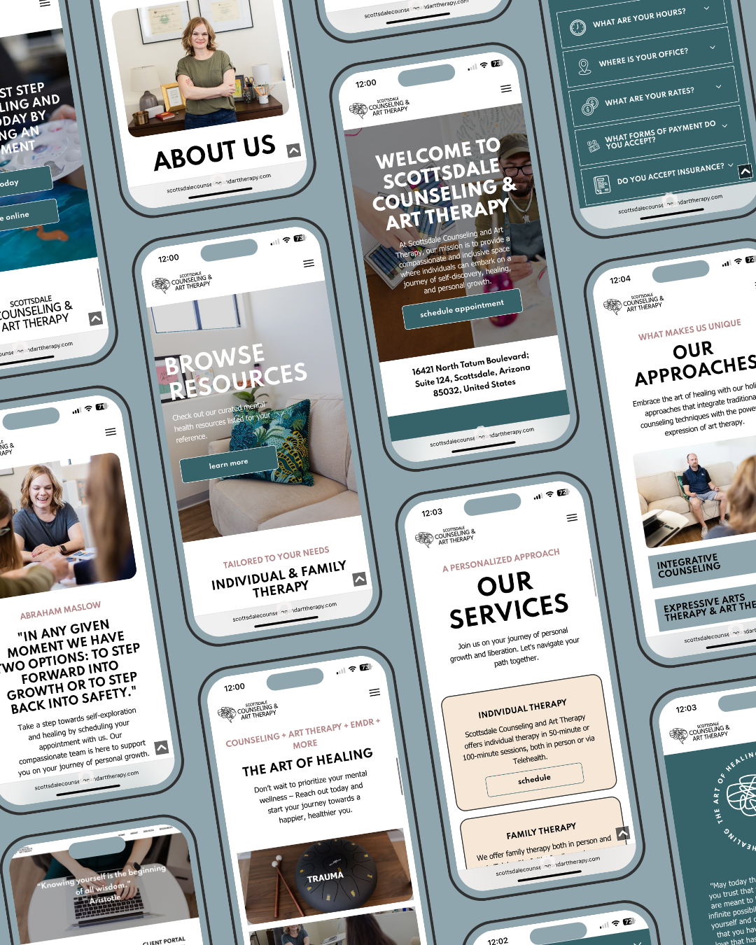 Collage of smartphone screens showing a teal-and-white mental health website with service and about pages