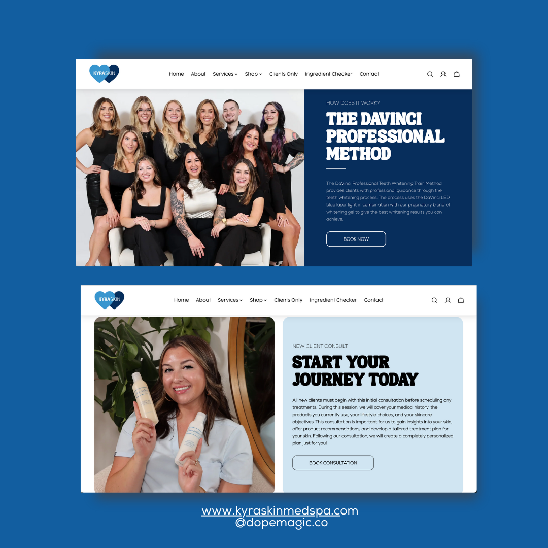 Two website homepage mockups with blue-and-white layouts and bold promotional headlines.