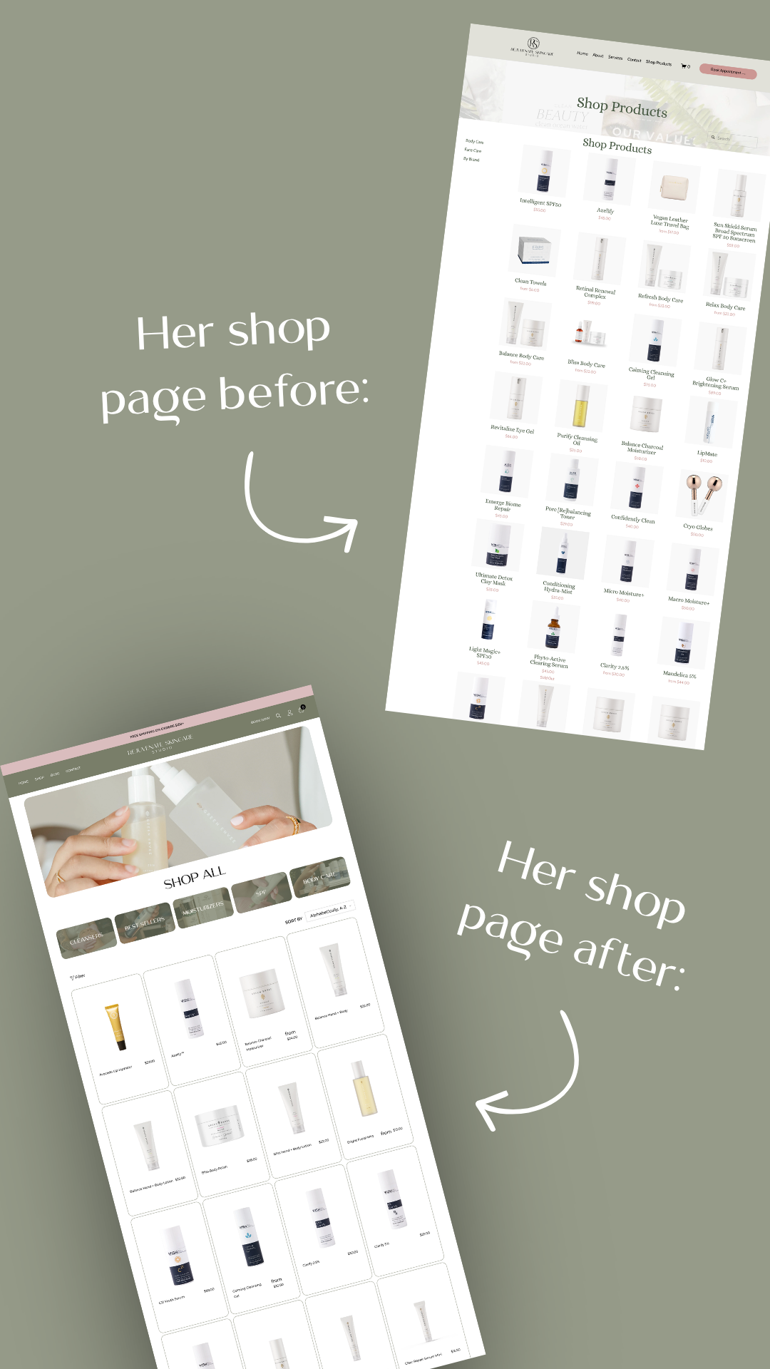 Split-screen shop page before and after redesign, with arrows comparing two product listing layouts.