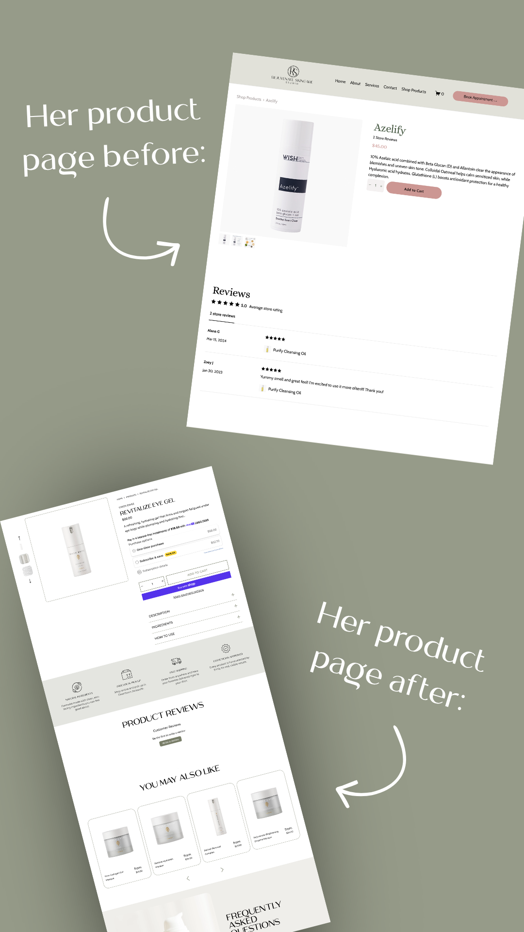 Comparison of a product page before and after redesign, with arrows highlighting changes