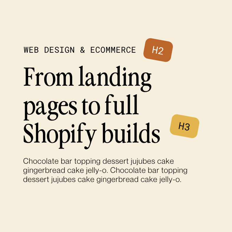 Beige web design promo with headline “From landing pages to full Shopify builds” and H2/H3 labels