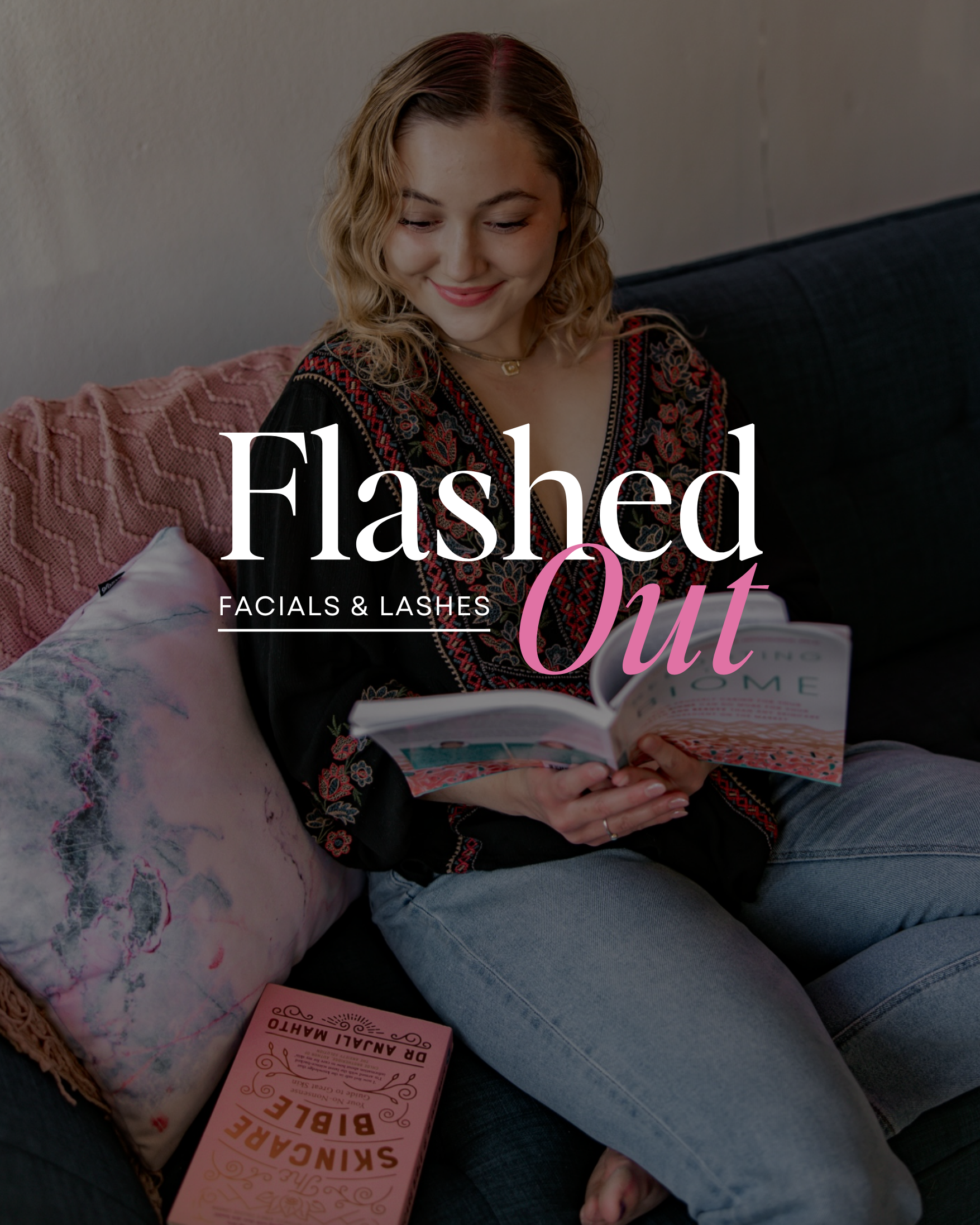 Woman reading a book on a couch with the title “Flashed Out” overlaid on the cover