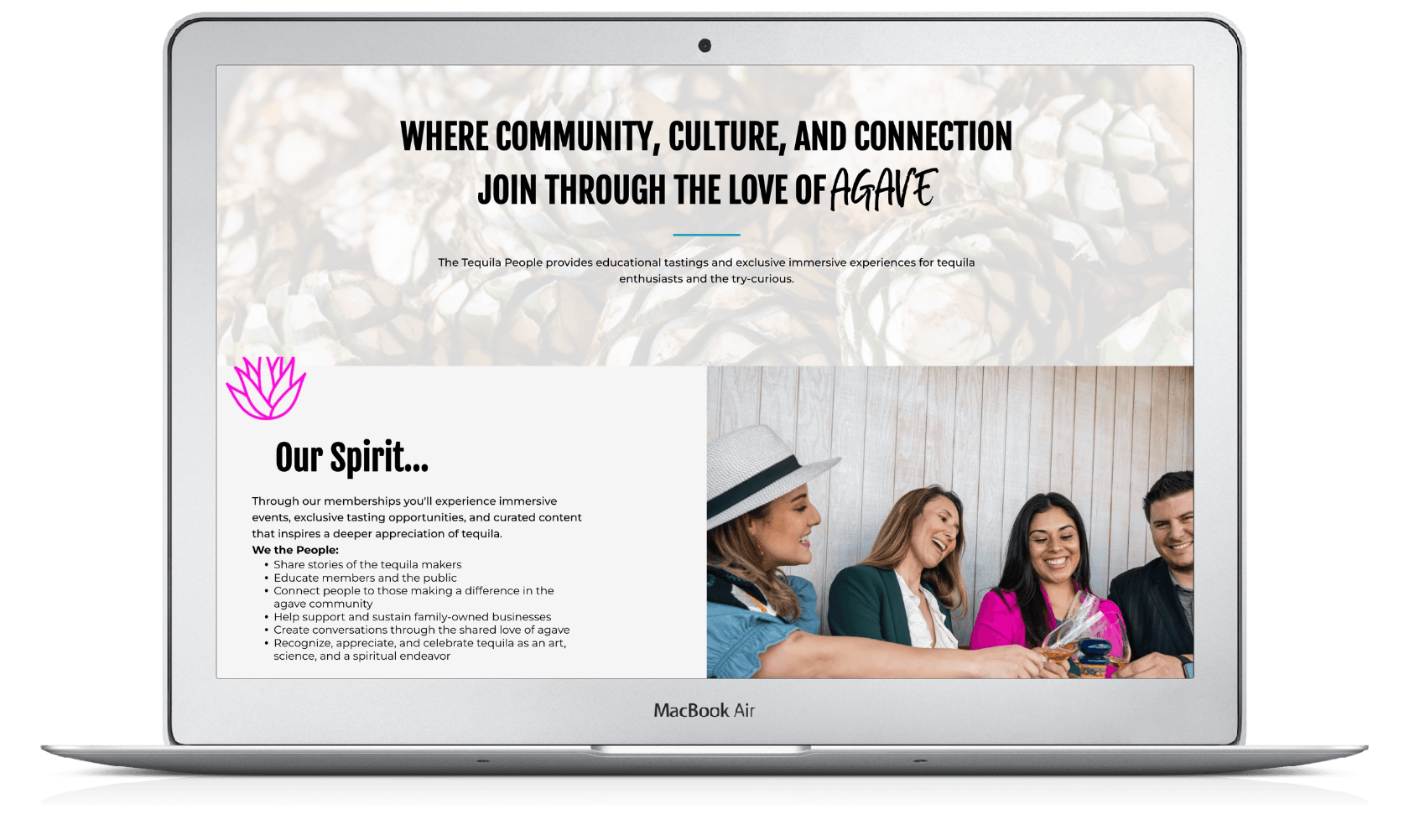 A laptop computer is open to a website with a picture of a group of people.