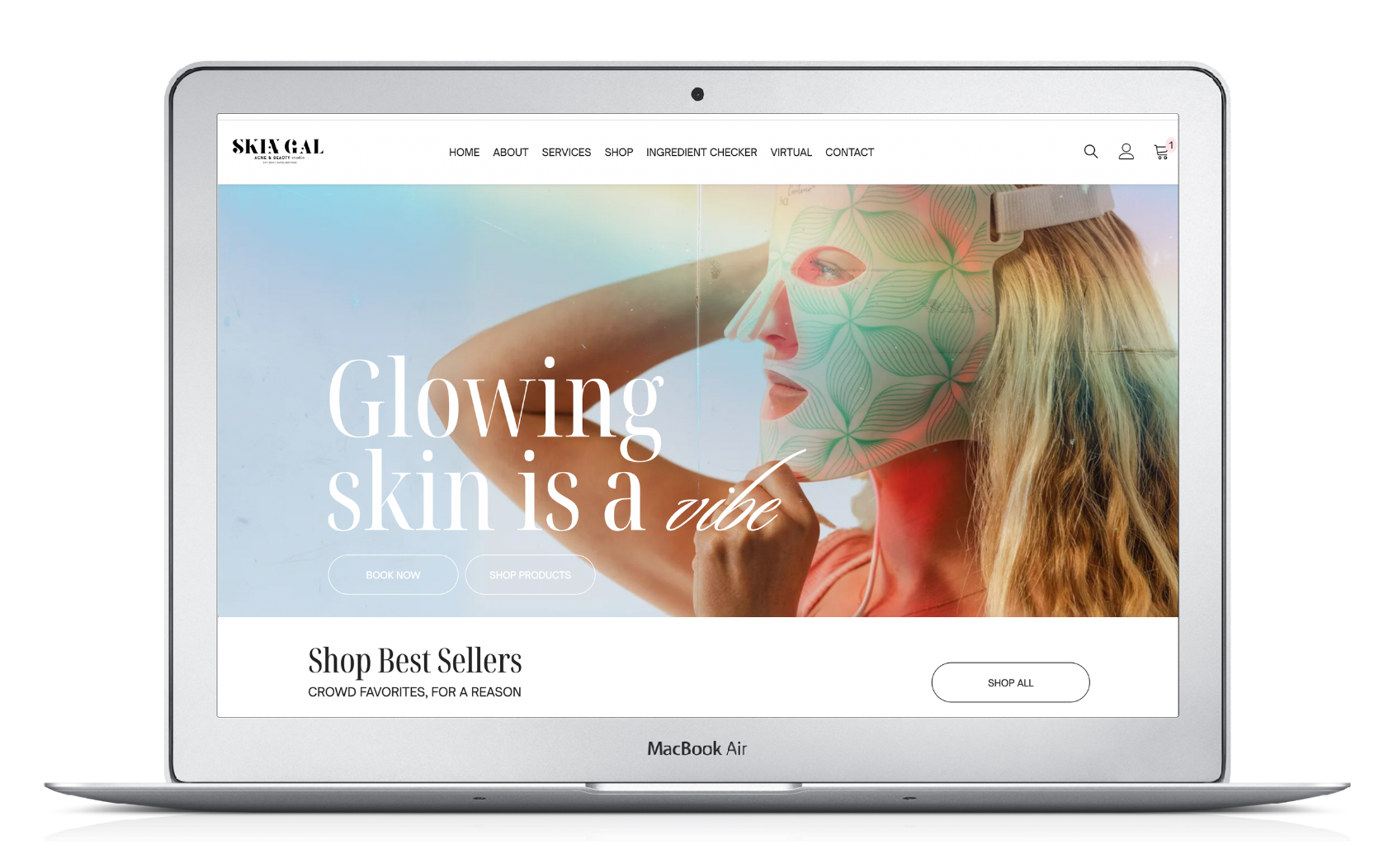 A laptop with a woman wearing a mask on the screen. skin gal studio brand