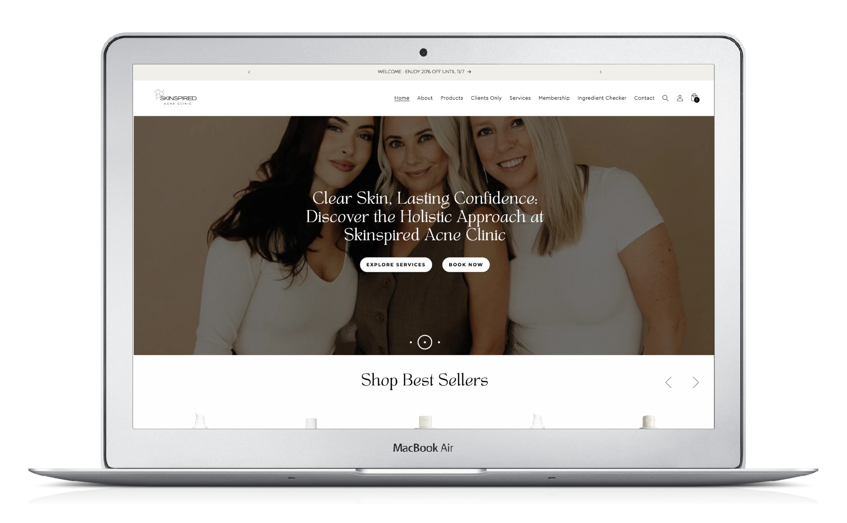 A laptop computer is open to a website with three women on it. skinspired brand
