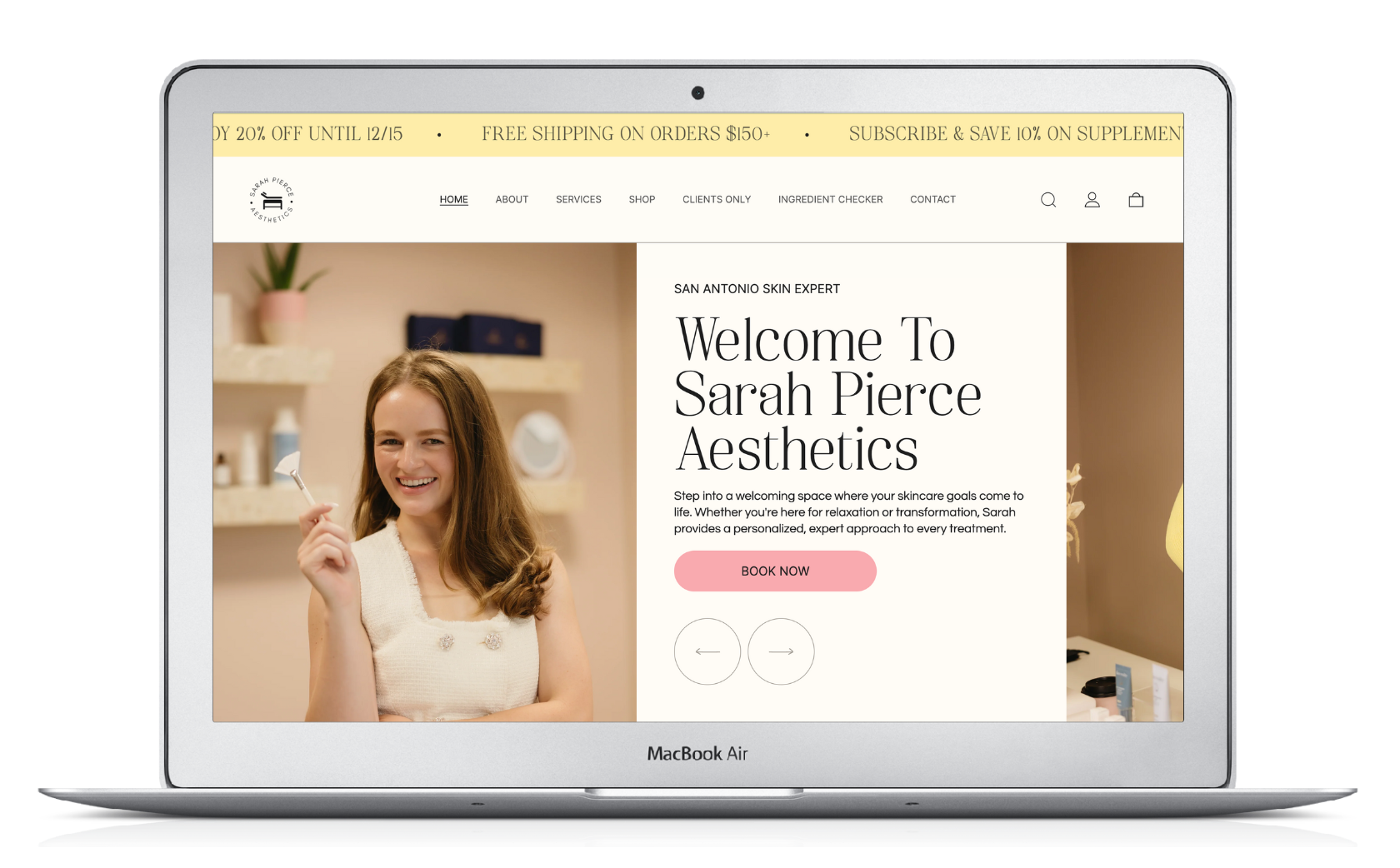 A laptop computer is open to a website for sarah pierce aesthetics.