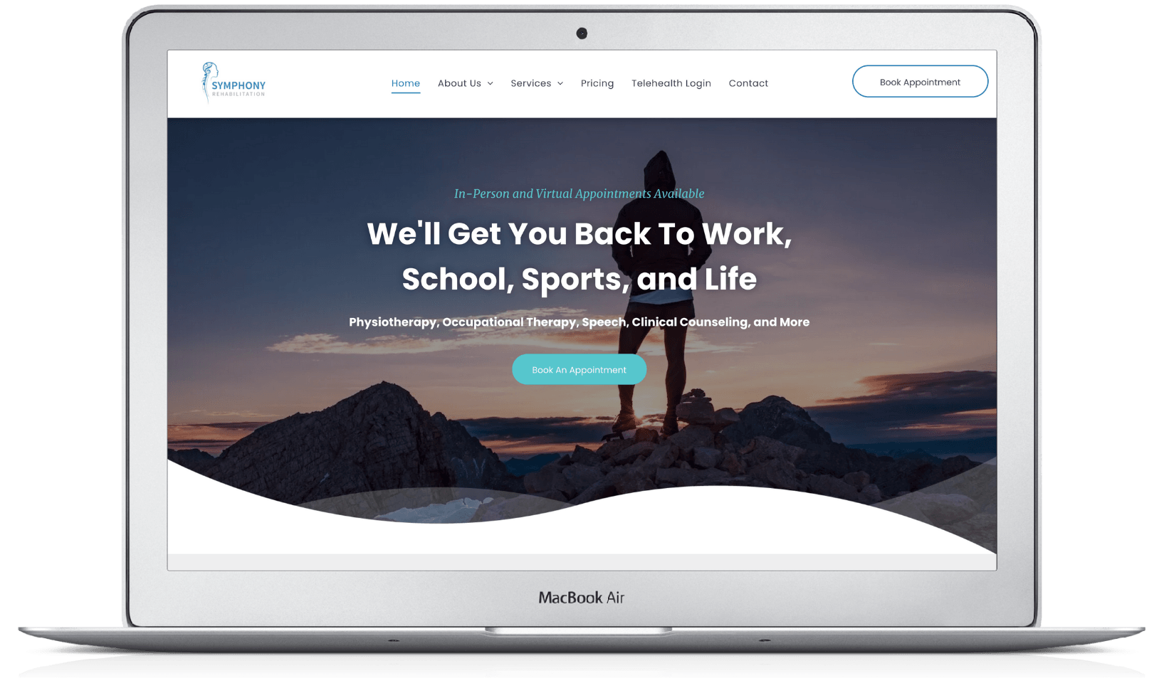 A laptop computer is open to a website that says `` we 'll get you back to work , school , sports and life ''.