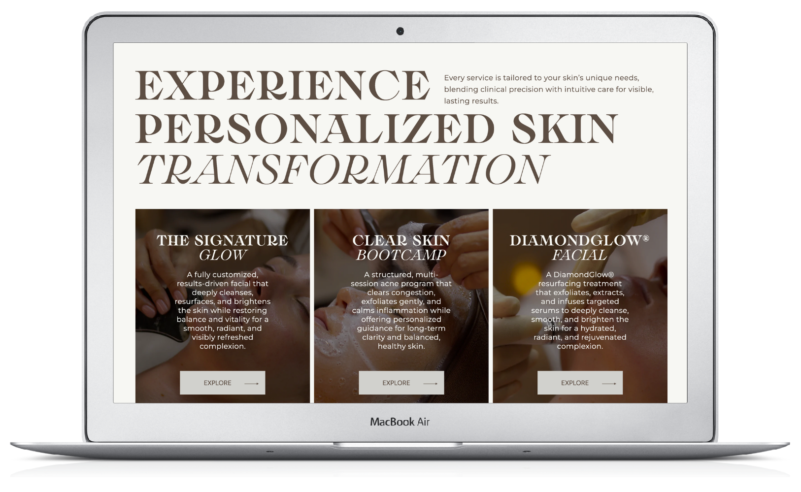 Laptop screen displaying a skincare website. Text reads