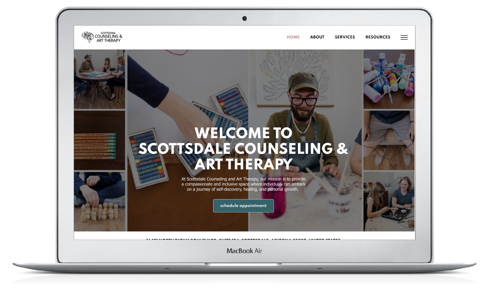 A laptop screen displaying the homepage for Scottsdale Counseling & Art Therapy with images of therapy sessions.
