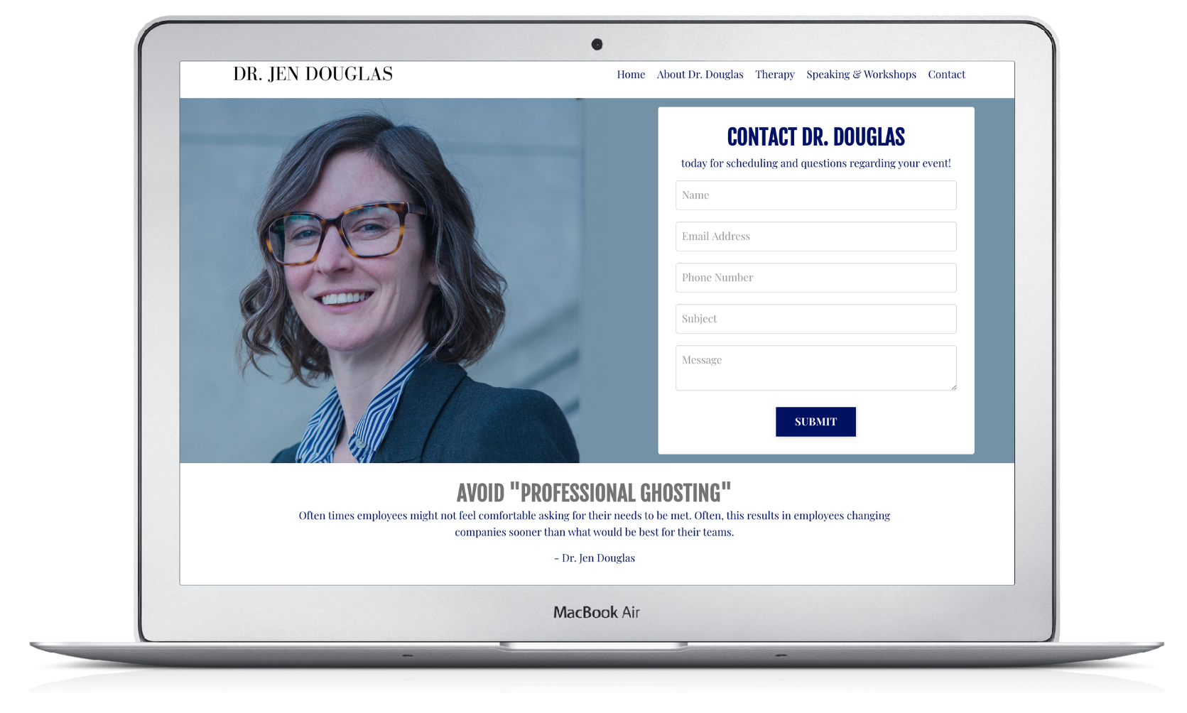 A laptop computer with a woman wearing glasses on the screen.