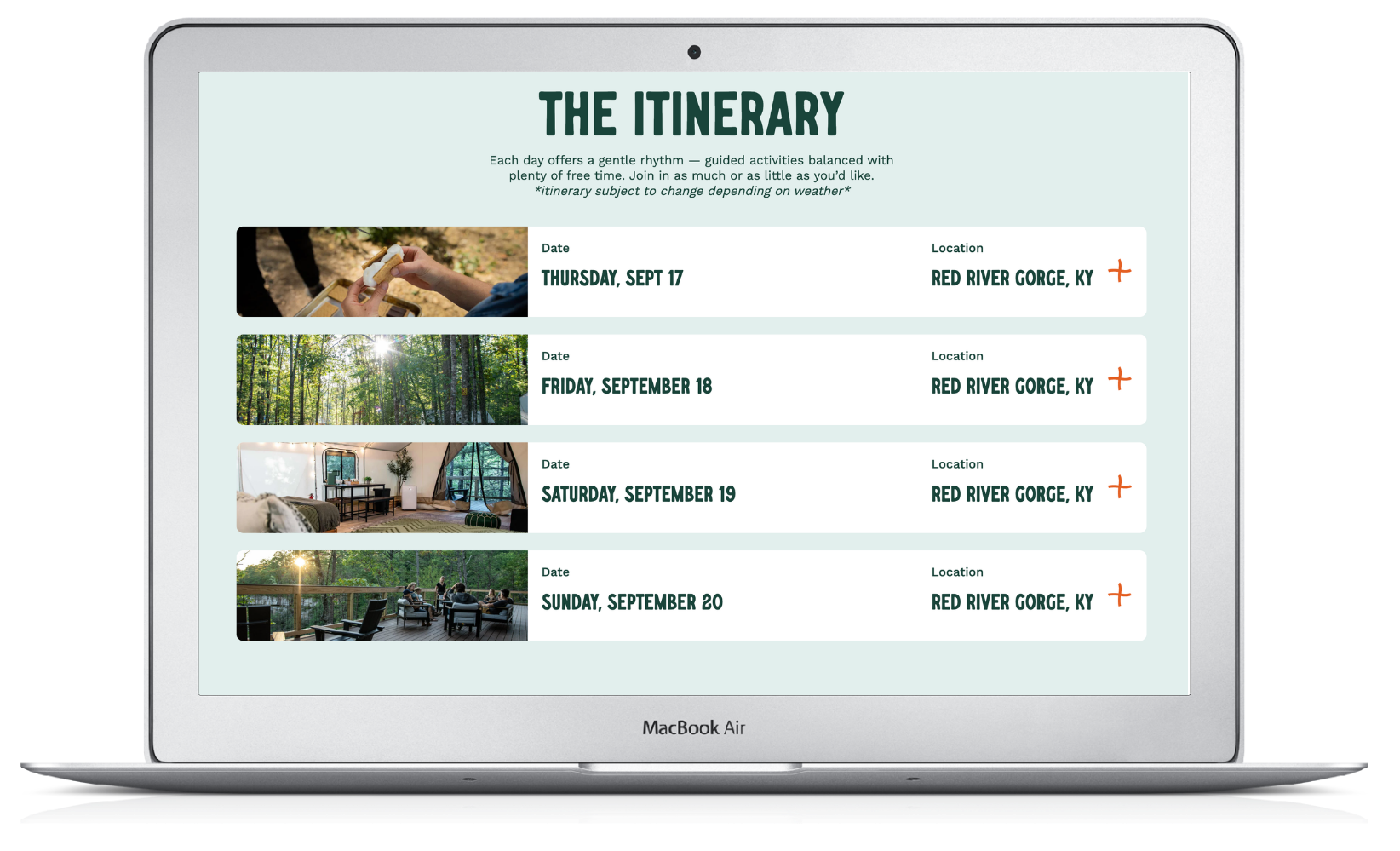 Laptop screen showing a travel itinerary with four trip entries and thumbnail images.